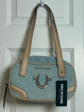 True Religion Denim Satchel Handbag w/ Tan Trim & Silver Horseshoe Logo